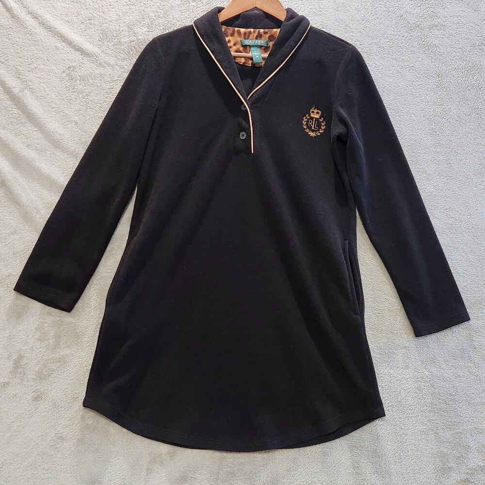 Lauren Ralph Lauren Black Gold Embroidered Fleece Sweater Size XS Pockets